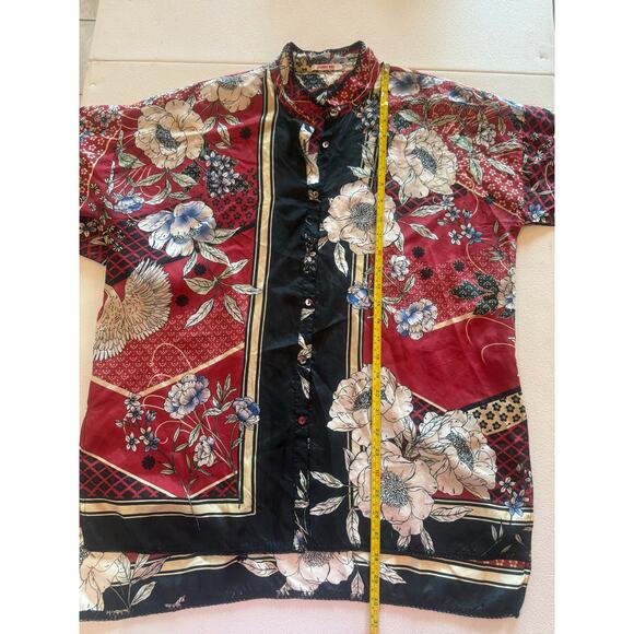 Johnny Was Floral 100% Silk Red Black Patchwork Boho Festival Top Sz XS - Picture 5 of 6
